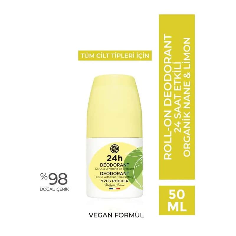 Yves Rocher مزيل عرق رول أون من إيف روشيه للجنسين برائحة النعناع والليمون العضوي 50 مل